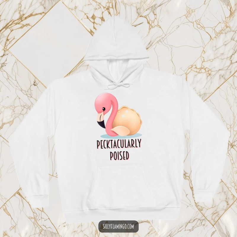 Funny Flamingo Hoodie: A curious flamingo investigates a shimmering seashell, its expression full of playful intrigue. A warm and humorous apparel choice.