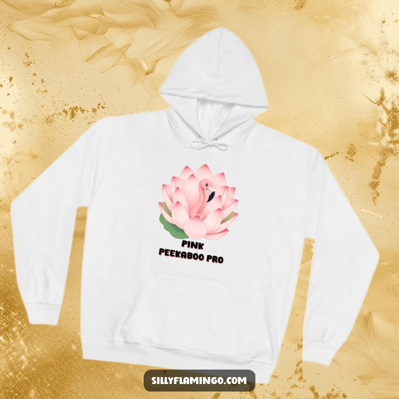 Funny hoodie with a playful flamingo peeking from behind a large, blossoming lotus flower, offering warmth and whimsy.