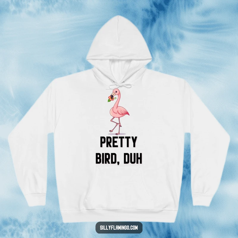Funny flamingo hoodie featuring a stylish pink bird strutting with a flower in its beak, offering warmth and a humorous, fashionable statement.