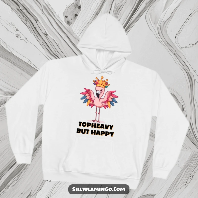 Funny Flamingo Hoodie: A determined flamingo hilariously attempts to balance its colorful feather crown, radiating pure comedic effort.