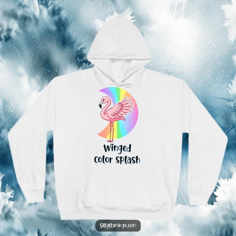 Funny flamingo hoodie showcasing a pink bird creating a vibrant rainbow with its wing, offering warmth and a colorful, artistic, humorous statement.