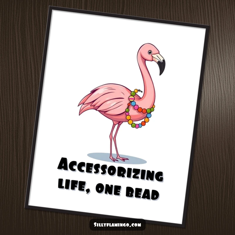 Funny Free Printable Wall Art: A flamingo elegantly draped in a colorful bead garland, adding a touch of playful glamour.