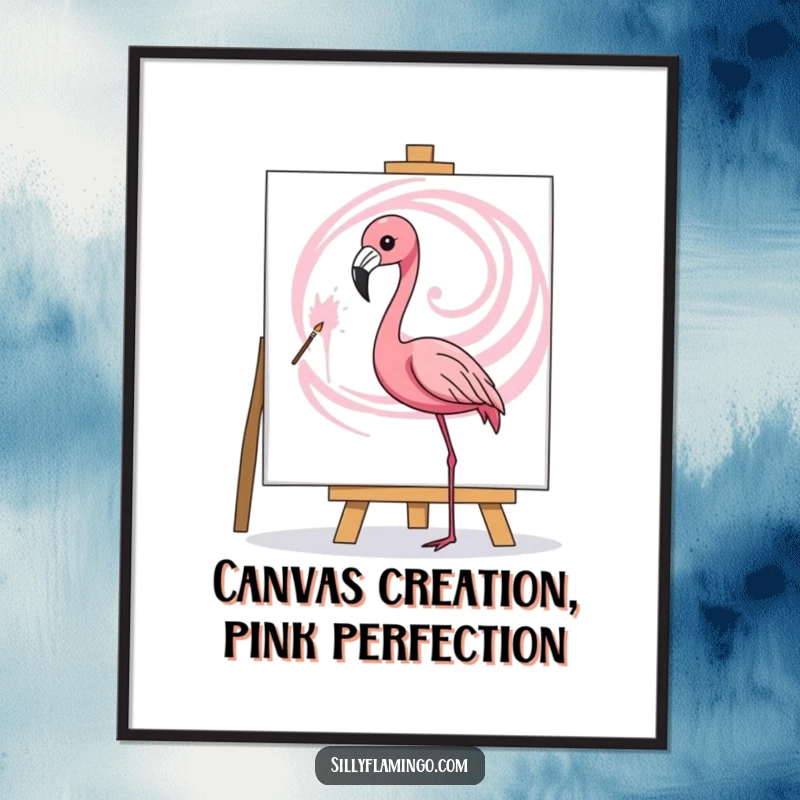 Funny Free Printable Wall Art: A flamingo artistically paints a dynamic pink swirl on a blank canvas with bold strokes.