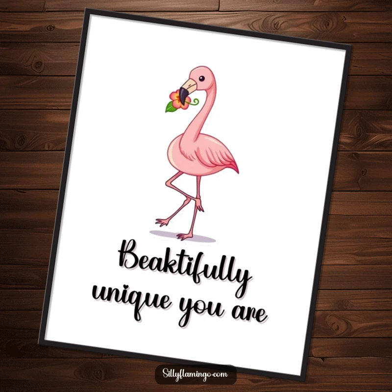 Funny Free Printable Wall Art: A flamingo playfully struts with a flower in its beak, bringing floral charm.
