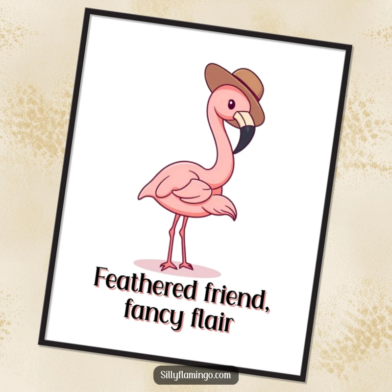 Funny Free Printable Wall Art depicting a playful flamingo in a tiny hat, dipping its beak with a curious expression.
