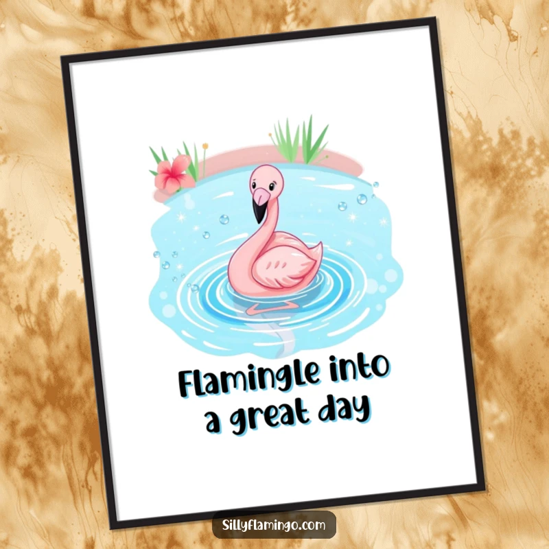 Funny Free Printable Wall Art: A happy flamingo splashing playfully in a sparkling blue pond, tropical downloadable art.