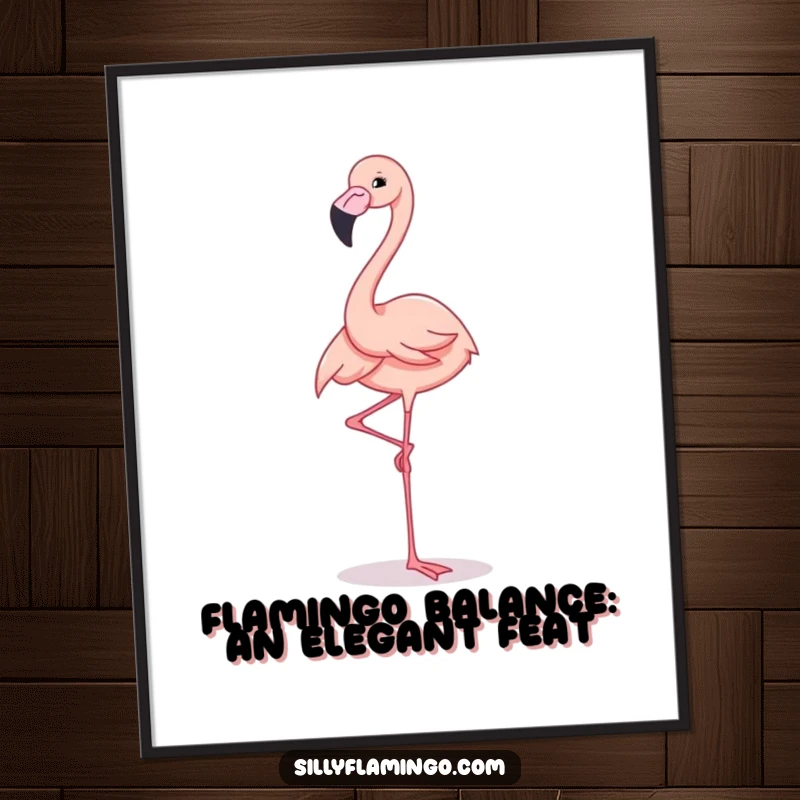 Funny free printable wall art of a flamingo elegantly balancing on one leg with a bright, cheerful expression, adding whimsy.