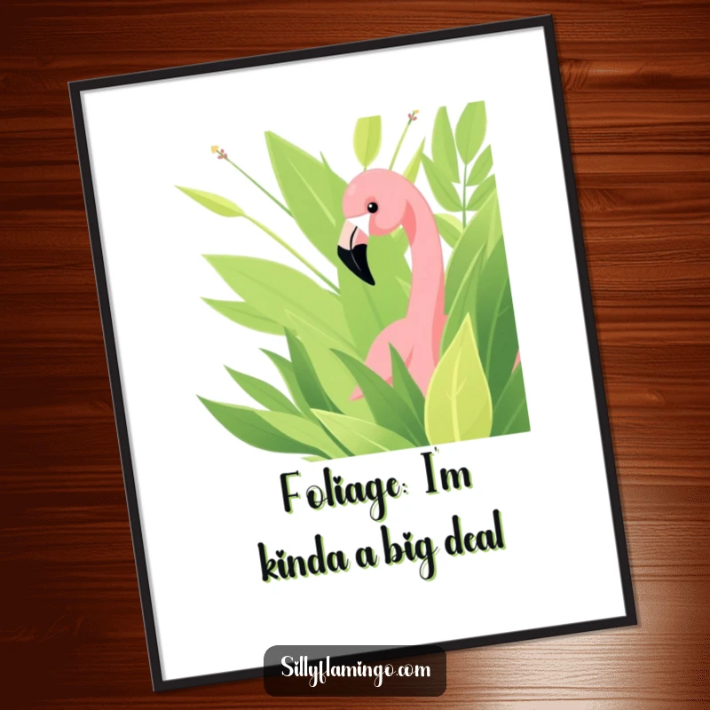 Funny Free Printable Wall Art: A curious flamingo peeking from lush foliage, adding a whimsical and humorous touch to any room.