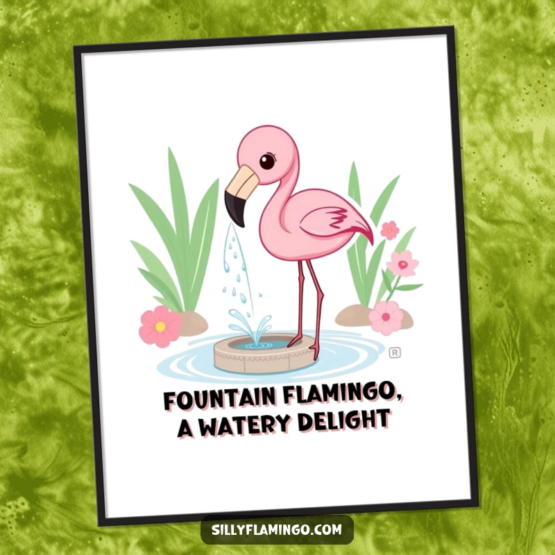 Funny free printable wall art of a flamingo playfully spraying water from its beak, creating a delightful and whimsical mini-fountain.