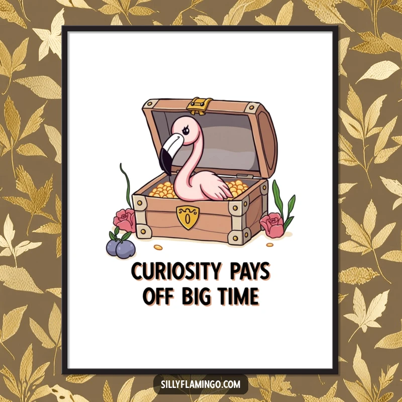 Funny free printable wall art of a flamingo with a long neck curiously peeking into a treasure chest, evoking wonder and discovery.