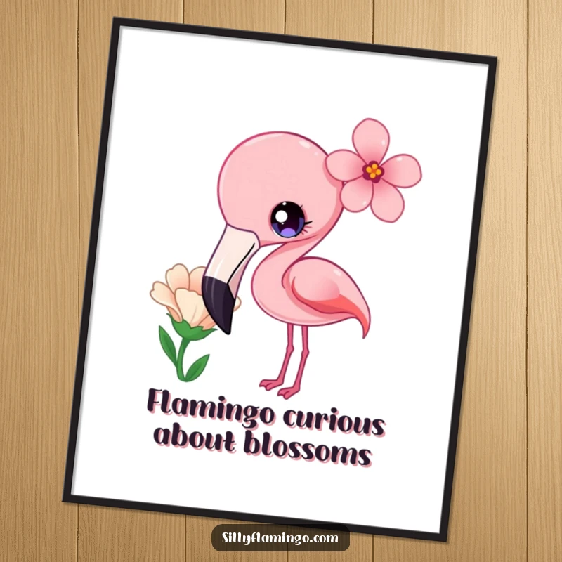 Funny Free Printable Wall Art: Kawaii flamingo with bright eyes, curiously tilting its head at a flower, nature inspired.