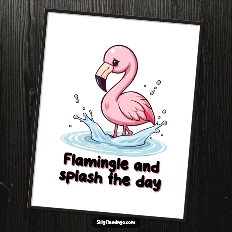 Funny Free Printable Wall Art: Kawaii flamingo playfully splashing water with its beak, sending droplets flying, beach vibe.
