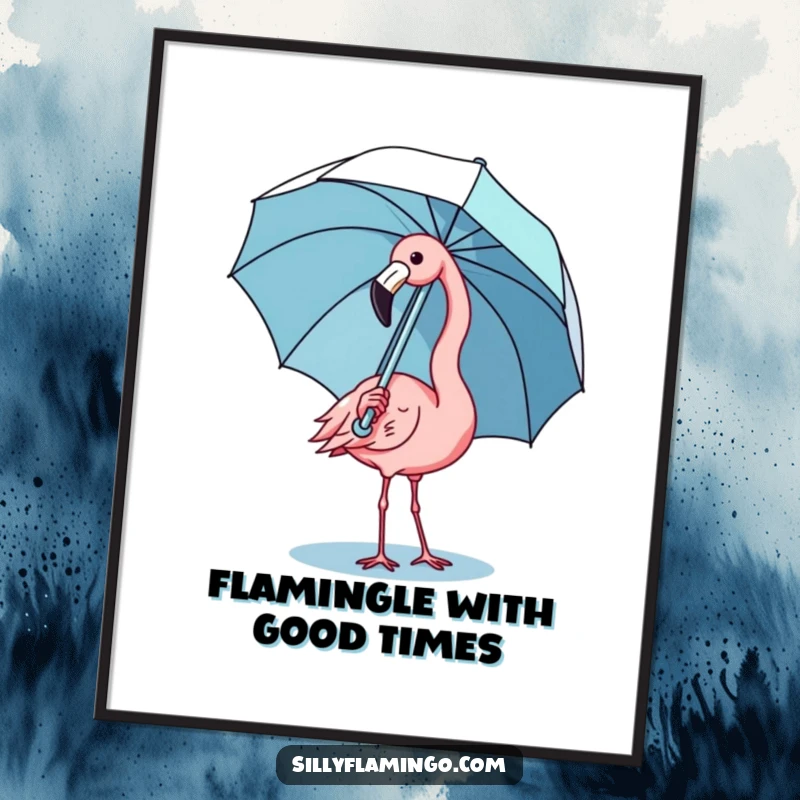 Funny Free Printable Wall Art: A charming kawaii flamingo comically attempting to balance a large umbrella, looking quite silly.