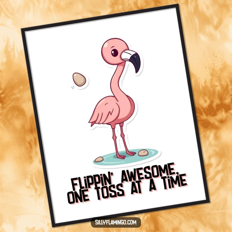 Funny Free Printable Wall Art: A whimsical pink flamingo tossing a shiny pebble with its beak, looking cheerful and artistic.