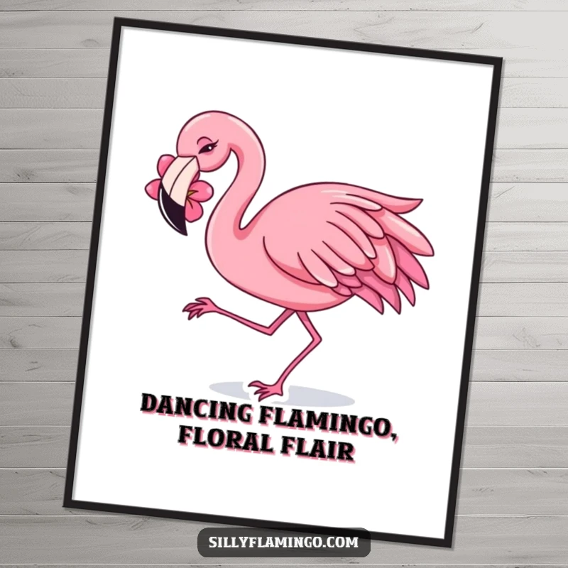 Fun free printable wall art of a flamingo with a flower behind its ear, dancing with a joyful and energetic shimmy.