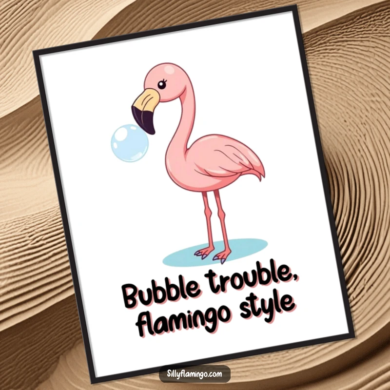 Funny Free Printable Wall Art: A happy flamingo creates a giant bubble with its beak, adding whimsical decor.