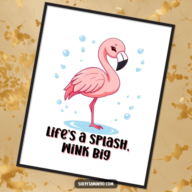 Funny Free Printable Wall Art: A cheerful flamingo with a wink, surrounded by sparkling water drops. Playful downloadable decor.