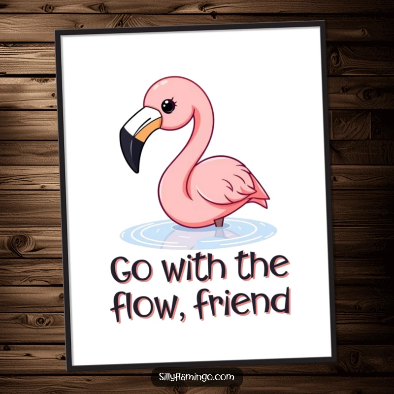 Funny Free Printable Wall Art: A flamingo with a comically wide, happy beak gracefully dips its head into clear water, looking utterly delighted.