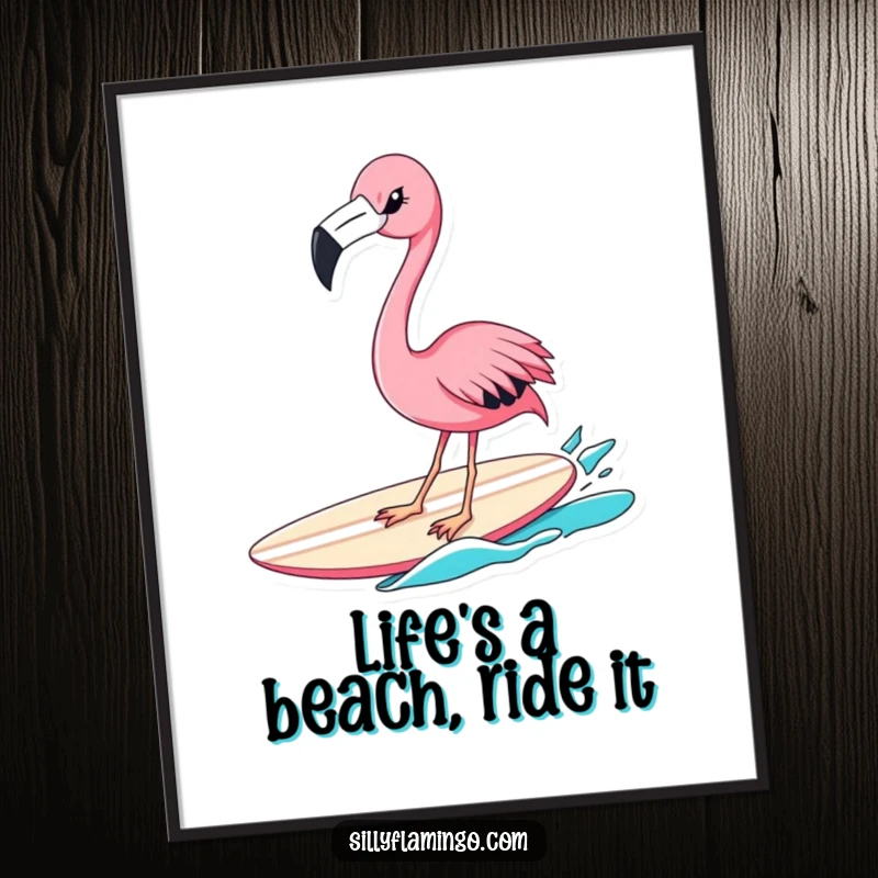 Funny Free Printable Wall Art: A flamingo with a mischievous wink rides a surfboard, bringing beachy humor.