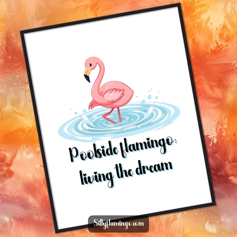 Funny Free Printable Wall Art: A whimsical flamingo joyfully splashing in a shimmering pool, bringing vibrant, humorous energy.