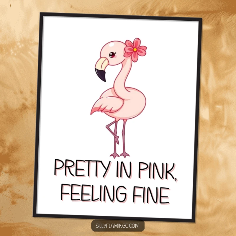 Funny Free Printable Wall Art of a happy flamingo with a flower behind its ear, charmingly bobbing its head.