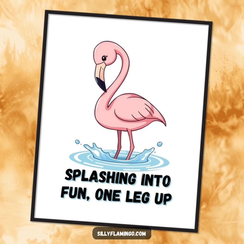 Funny Free Printable Wall Art: A cheerful pink flamingo with its long neck playfully bent, creating a watery splash.