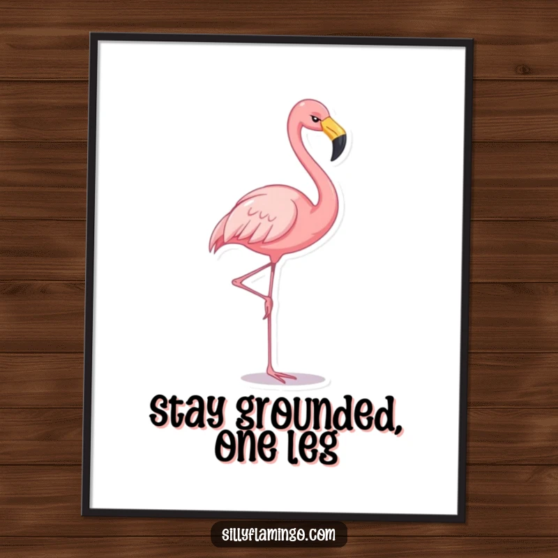 Funny Free Printable Wall Art: A vibrant pink flamingo with a happy expression, expertly balancing on one leg.