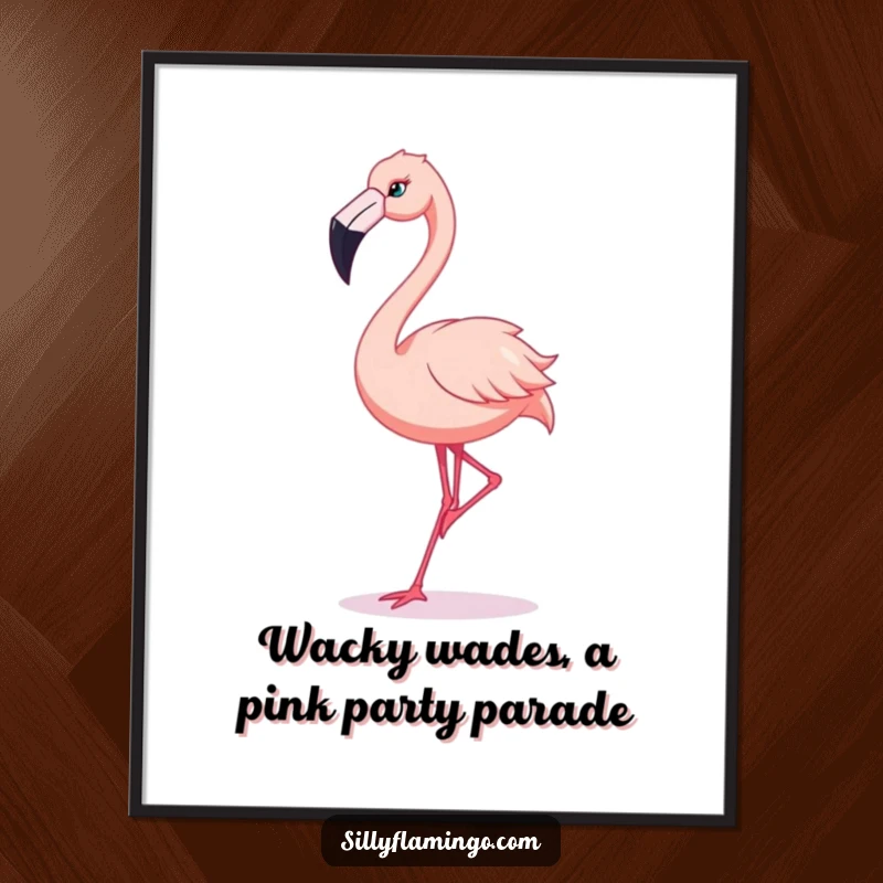 Funny Free Printable Wall Art: Flamingo in a silly, exaggerated dance, beak out, colorful and fun decor.