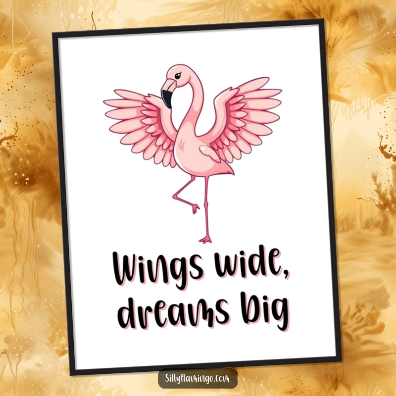 Funny Free Printable Wall Art: An elegant flamingo with its wings outstretched, captured in the graceful motion of flight.