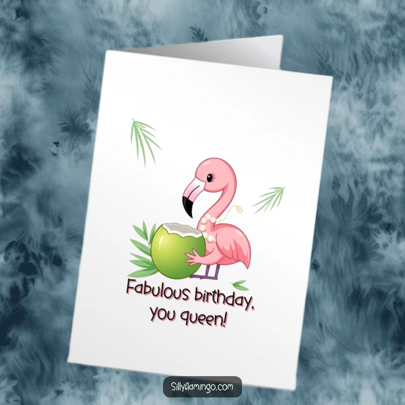 Funny Free Printable Birthday Card of a fancy flamingo with pearls sipping a coconut, looking fabulous.