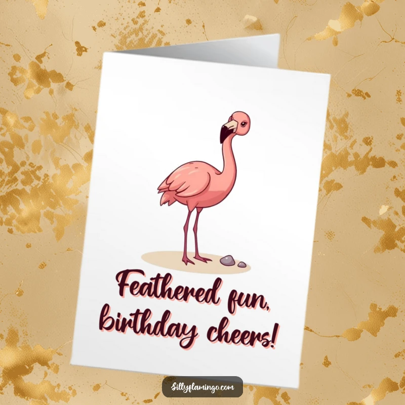 Funny Free Printable Birthday Card featuring a happy flamingo playfully tossing a pebble with its beak, spreading birthday cheer.