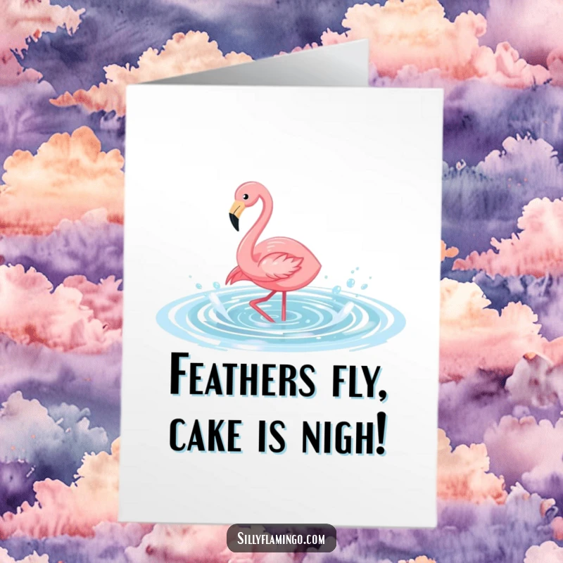 Funny Free Printable Birthday Card: A joyous flamingo splashing wildly in a sparkly pool, embodying pure birthday excitement.