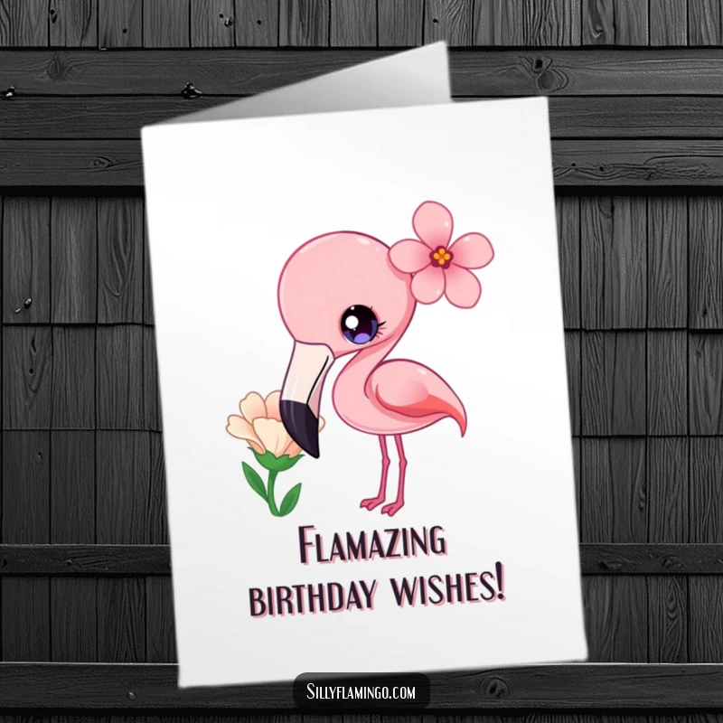 Funny Free Printable Birthday Card: Kawaii flamingo with bright eyes, curiously tilting its head at a flower, adorable.