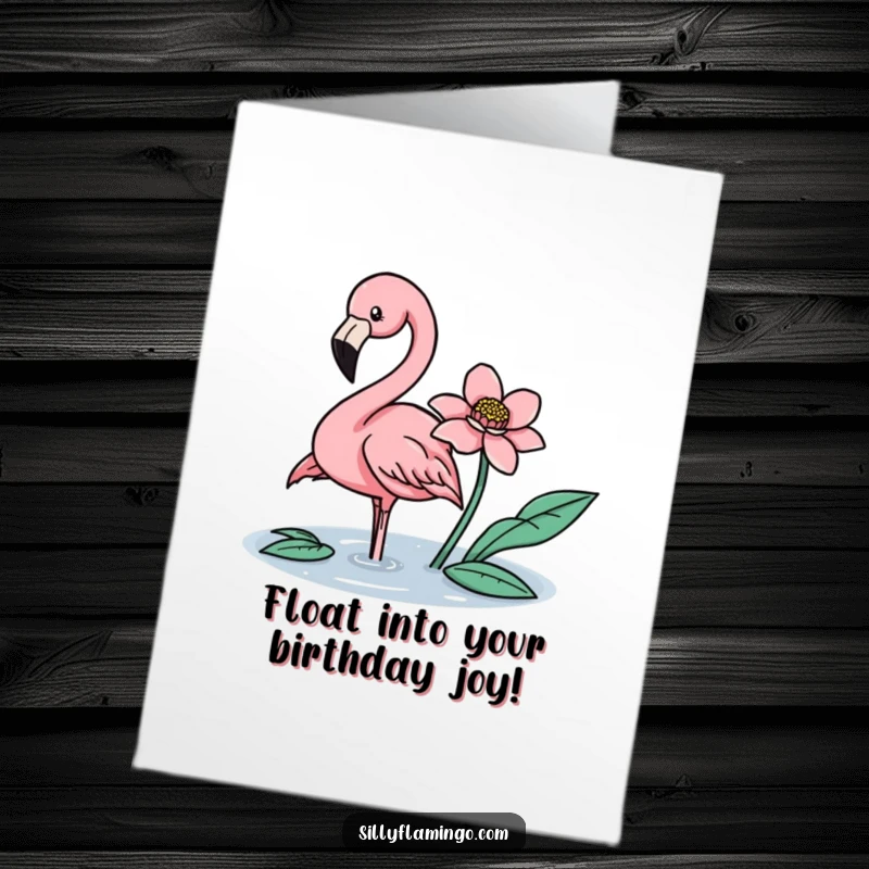 Free Printable Birthday Card: A graceful flamingo gently nudging a floating flower with its beak. Serene downloadable art.