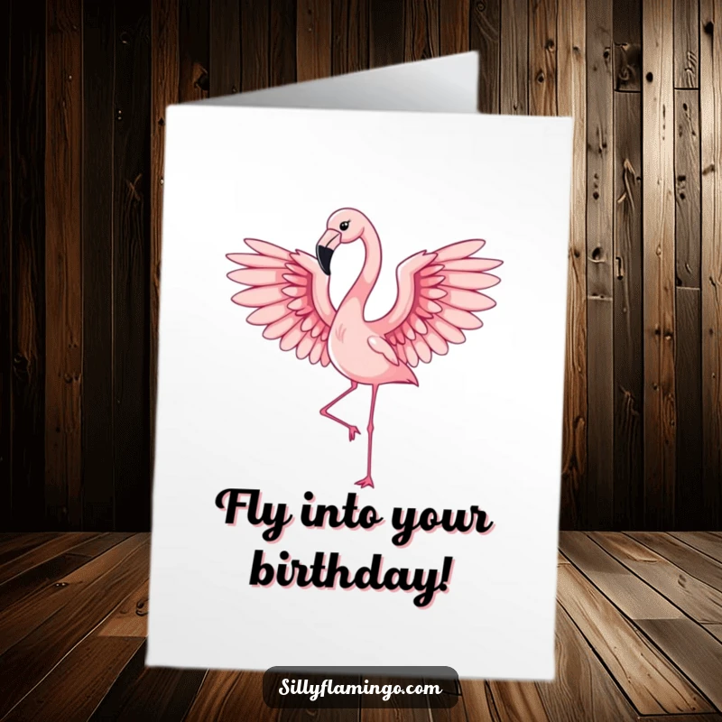 Funny Free Printable Birthday Card: An elegant flamingo captured mid-flap, wings outstretched gracefully, ready to celebrate.