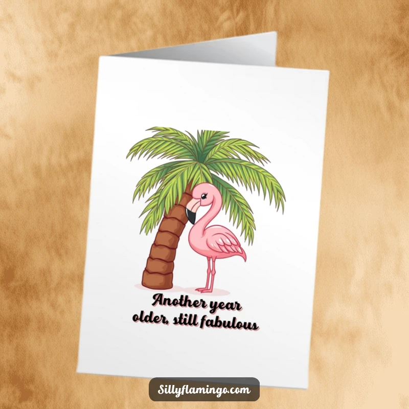 Funny Free Printable Birthday Card: Curious flamingo peeking from behind a palm tree, looking mischievous and ready to party.