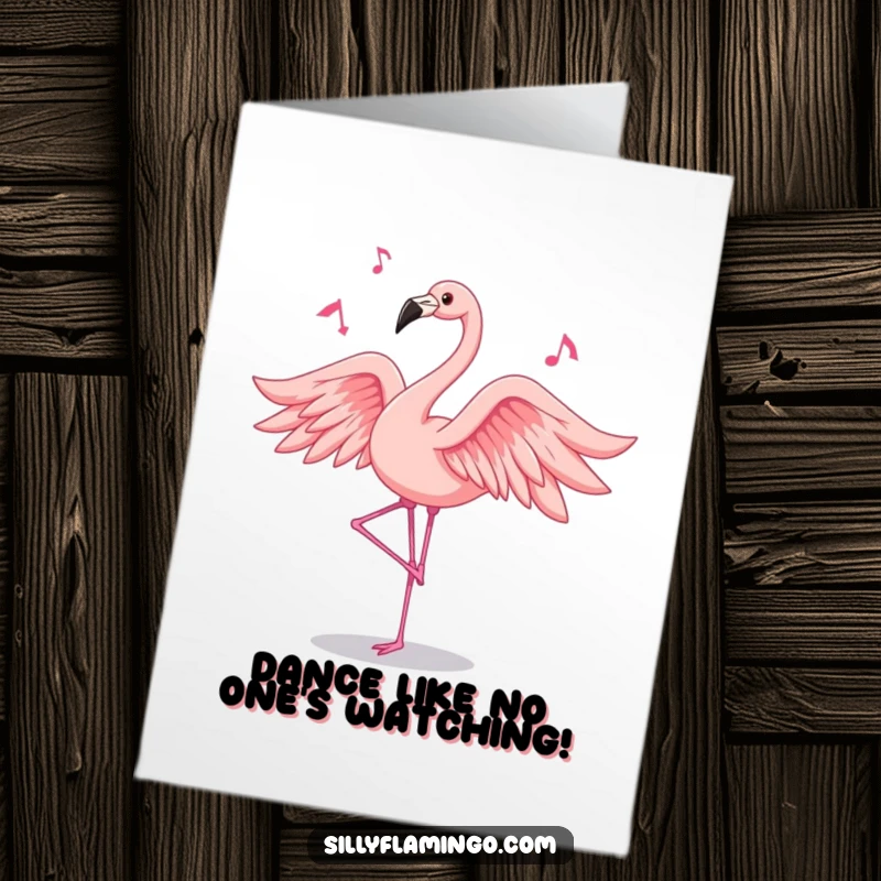 Funny Free Printable Birthday Card: A vibrant flamingo with flowing feathers dancing with pure joy to an imaginary beat.