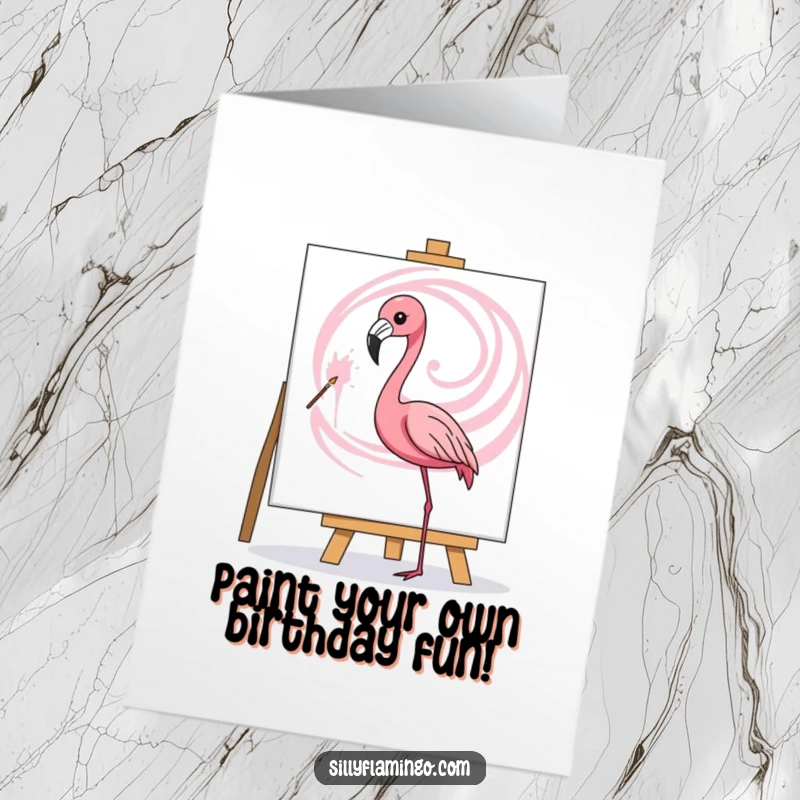 Free Printable Birthday Card: A flamingo artist elegantly paints a vibrant pink swirl on a blank canvas with flair.