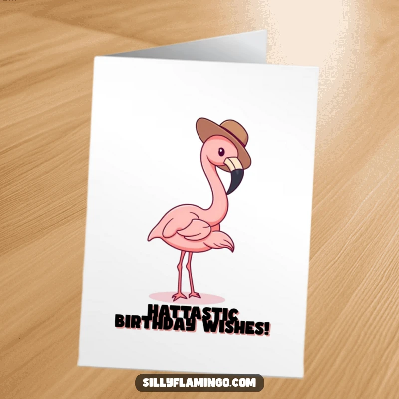 Funny Free Printable Birthday Card featuring a playful flamingo in a tiny hat, dipping its beak with mischief.