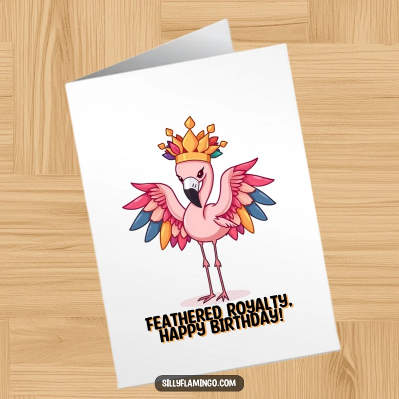 Funny Free Printable Birthday Card: Flamingo precariously balances a vibrant crown of feathers, looking determined and slightly wobbly.