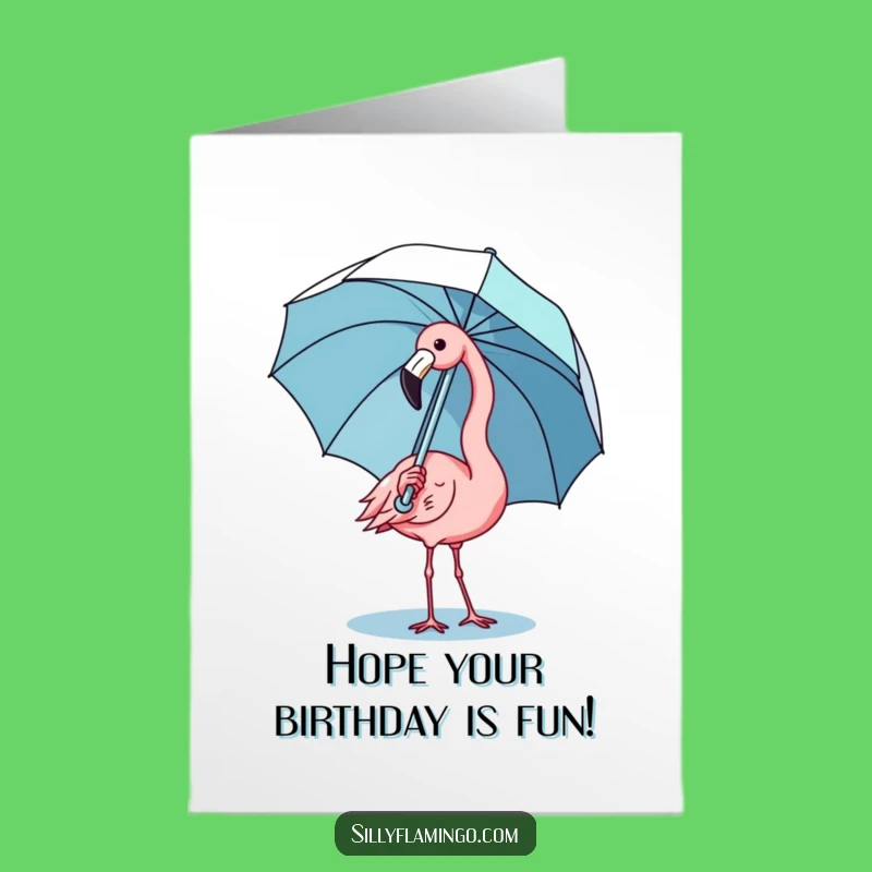 Free Printable Birthday Card: Funny Flamingo Umbrella Balance - Kawaii Fun!