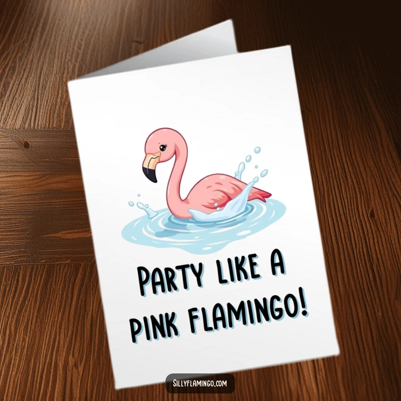 Funny Free Printable Birthday Card: A flamingo joyfully splashing in a shimmering pool, radiating pure birthday bliss.