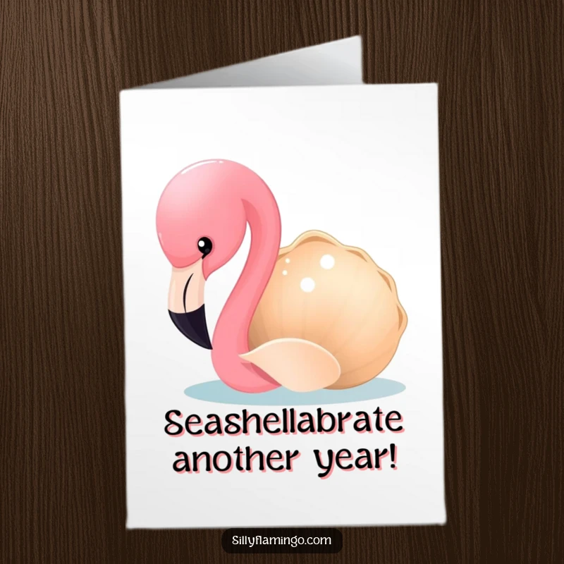 Funny Free Printable Birthday Card featuring a curious flamingo pecking at a shiny seashell, ready to deliver laughs