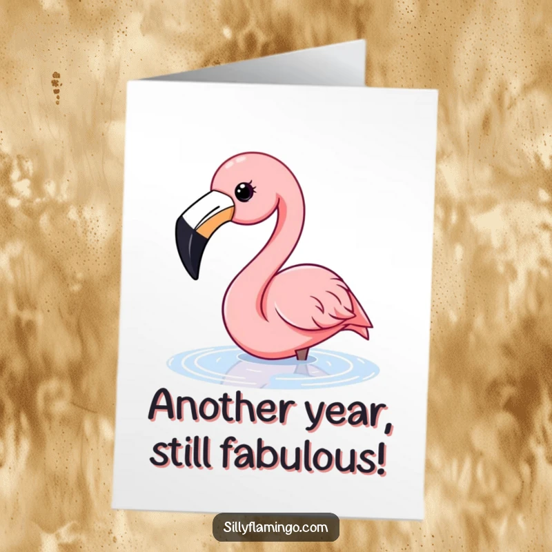 Funny Free Printable Birthday Card: A flamingo with a wide, contented beak happily dipping its head into sparkling water, looking refreshed.