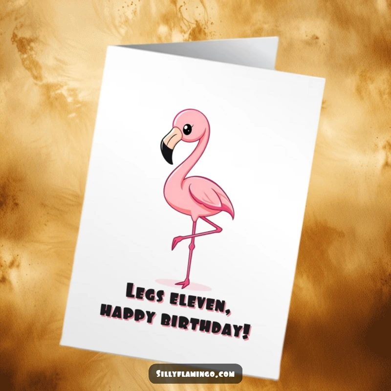 Funny free printable birthday card showing a vibrant pink flamingo kicking its leg high in a jubilant celebration.