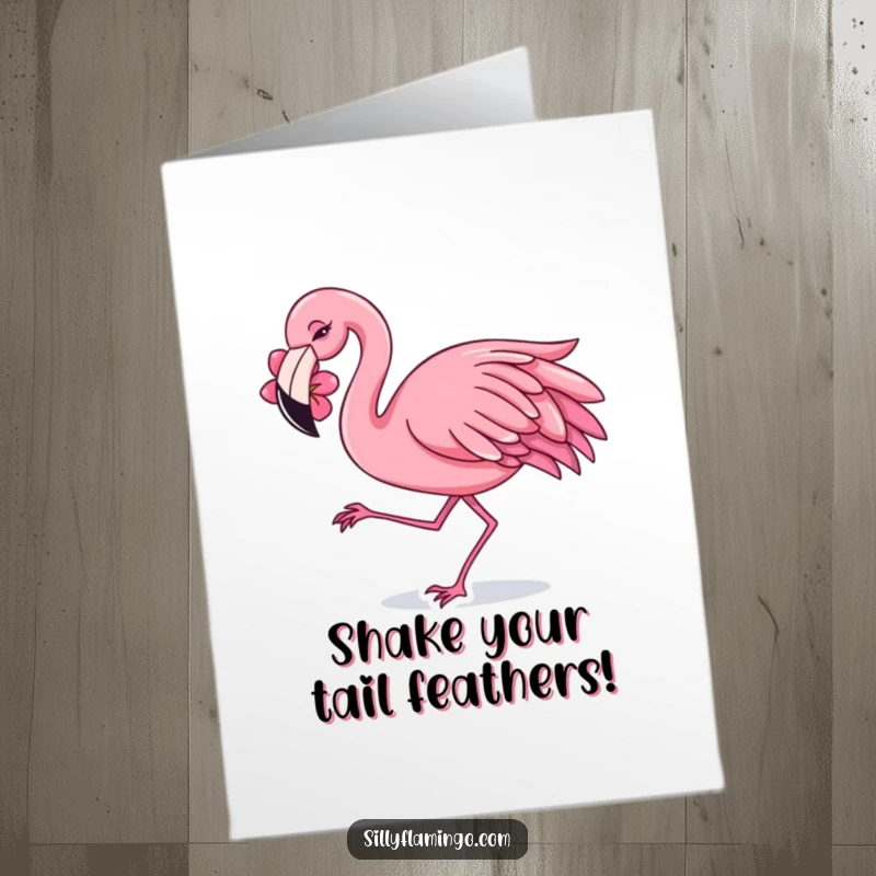 Funny free printable birthday card featuring a flamingo with a flower behind its ear, dancing joyfully with a lively shimmy.