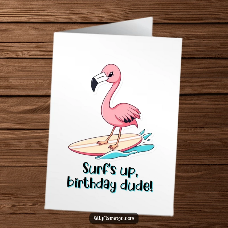 Funny Free Printable Birthday Card: A flamingo winks mischievously while riding a surfboard, ready for birthday laughs.