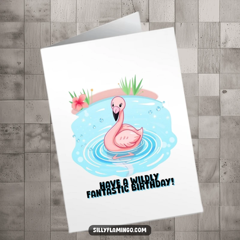 Funny Free Printable Birthday Card: A flamingo joyfully splashing in a sparkling blue pond, celebrating with cheer.