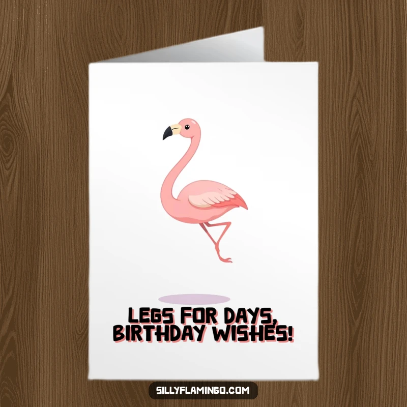 Funny Free Printable Birthday Card of a tall flamingo doing a dramatic, leggy leap with a joyful expression.