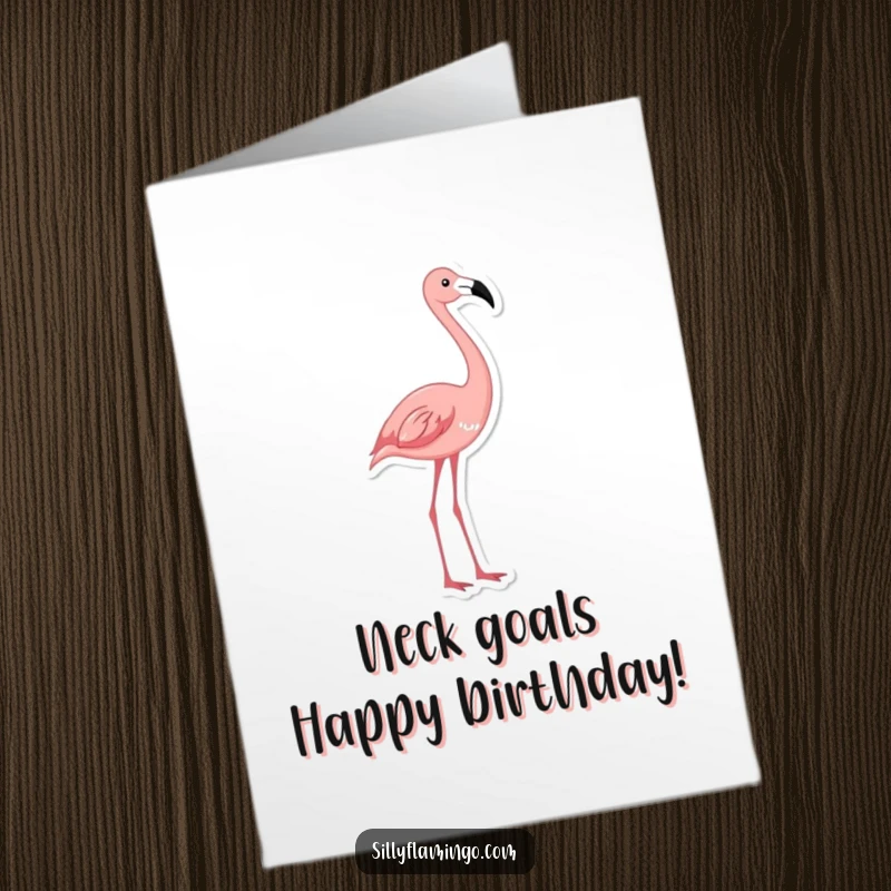 Funny Free Printable Birthday Card: A flamingo gracefully stretching its long neck with a funny, hopeful expression, perfect for a birthday.